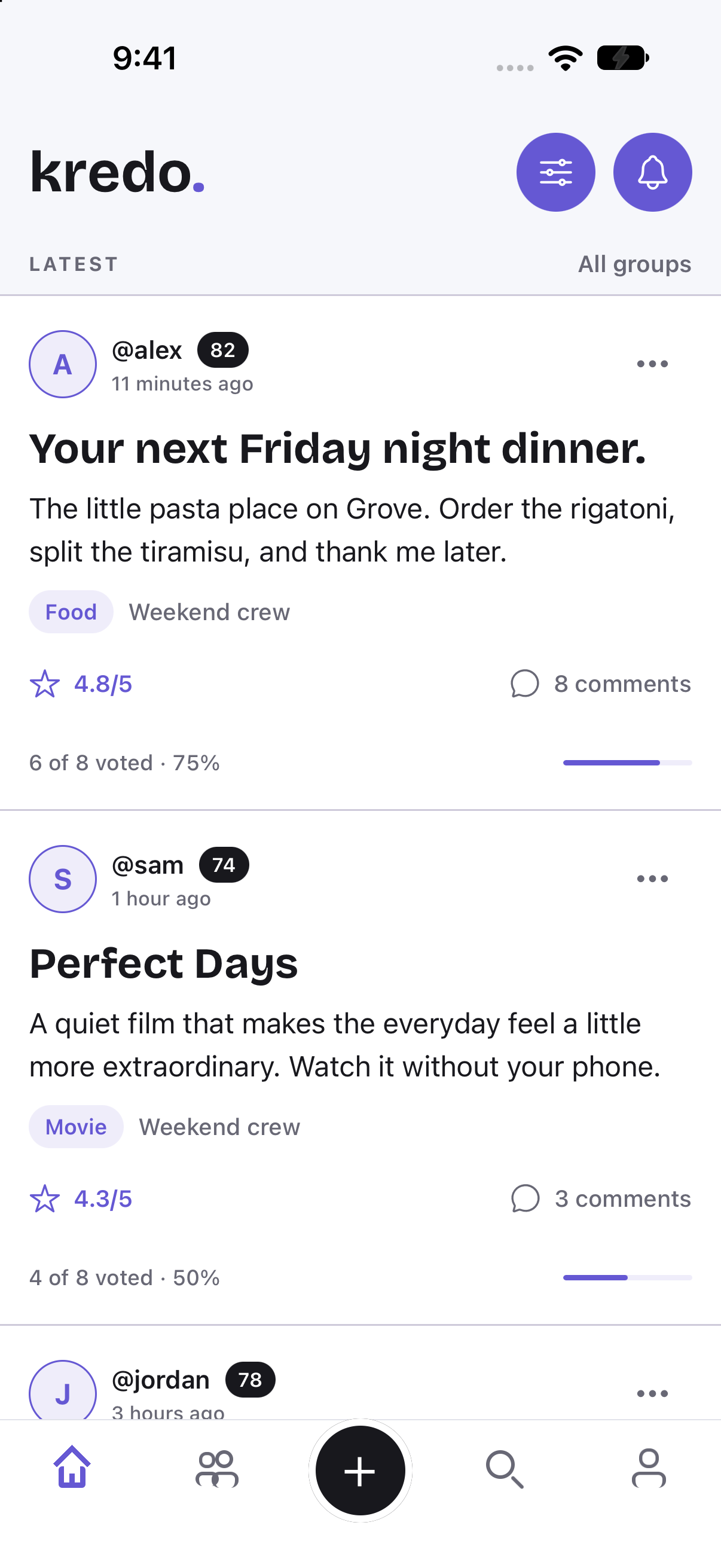 Current Kredo Home feed with clean recommendation rows, ratings, comments, and voting participation.